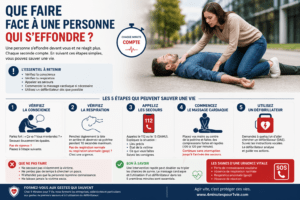 Témoin vérifiant la conscience d'une personne qui s'est effondrée avant d'alerter les secours et de pratiquer les gestes qui sauvent.