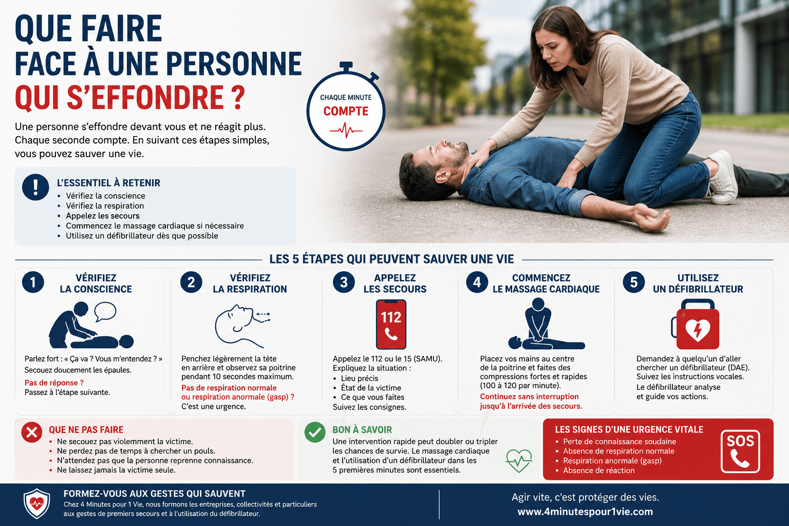 Témoin vérifiant la conscience d'une personne qui s'est effondrée avant d'alerter les secours et de pratiquer les gestes qui sauvent.